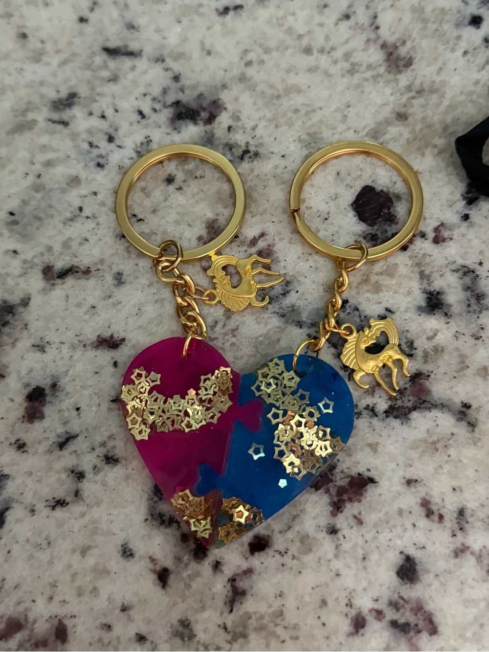 Gold-Tone Pink & Blue Heart Puzzle Keychain Set